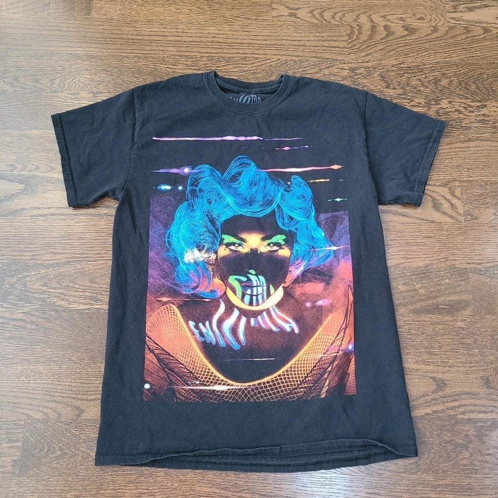 Enigma Lady Gaga Black Graphic Concert  T-Shirt with Neon Design Sz.M Women's